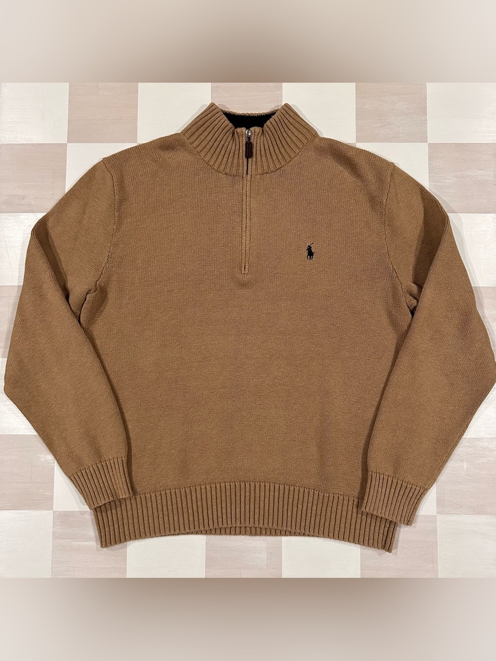 polo ralph lauren cotton pullover quarter zip knit sweater tan brown mens large